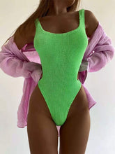 Load image into Gallery viewer, Special fabric crinkle cloth wavy strip candy color one-piece swimsuit for women fluorescent crinkle cloth swimsuit