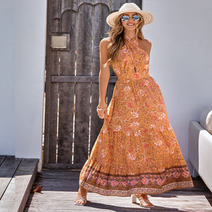 Bohemian print casual halterneck maxi dress