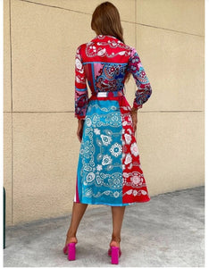 Women's Lace-Up Print Polo Neck Midi Dress