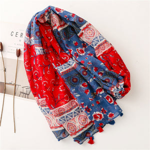 Ethnic Style Soft Cotton Hemp Handle Scarf Red Blue Small Broken Flower Decoration Sunscreen Shawl Silk Scarf Woman