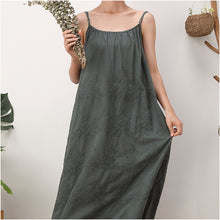 Load image into Gallery viewer, Solid color dress embroidered loose waist suspender bottom cotton linen maxi skirt