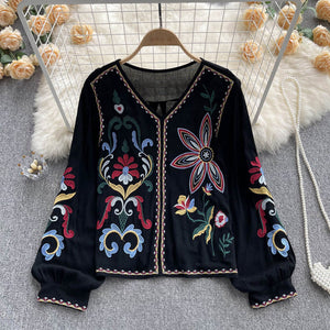 Retro heavy industry embroidered top women's spring and autumn new V-neck loose lantern sleeves ethnic style cotton and linen shirt