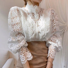 Load image into Gallery viewer, French Loose Chic Button Heavy Lace Cutout Flower Panel Long Sleeve Stand Collar Shirt