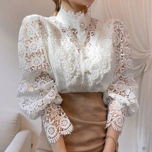 French Loose Chic Button Heavy Lace Cutout Flower Panel Long Sleeve Stand Collar Shirt