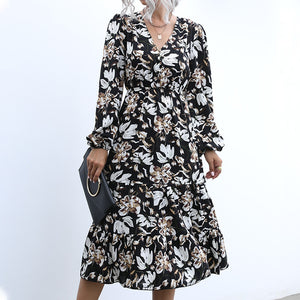 Autumn/winter new womenswear women's print maxi dress V-neck puff sleeve long dress