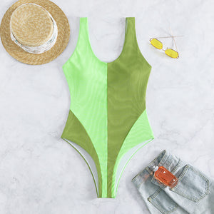 One-piece swimsuit contrast panels, pit strip fabric women's swimsuit beach vacation