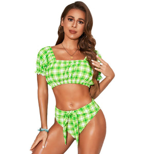 Ruffled contrast color high waist backless bikini two-piece swimsuit for women