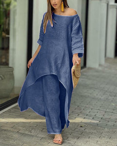 Cotton Linen Fashion Casual Large Size Irregular Long Sleeve Suit Wide Leg Pants Two Piece Set