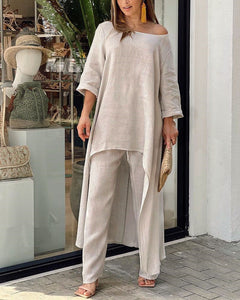 Cotton Linen Fashion Casual Large Size Irregular Long Sleeve Suit Wide Leg Pants Two Piece Set