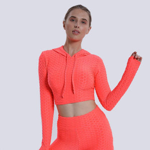 Yoga clothes Jacquard bubble hooded long sleeve Women's fitness clothes Sports Yoga tops