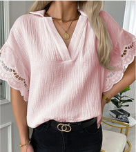 Load image into Gallery viewer, New Summer Lace Trim V Neck Short Sleeve Casual Shirt