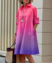 Load image into Gallery viewer, Spring and summer fashion gradient print shirt collar, long sleeve pockets, midi dress