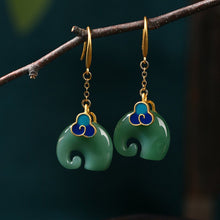 Load image into Gallery viewer, Gold-plated cold enamel Xiangyun elephant imitation Hetian jade vintage cheongsam wind earrings earrings earrings jade jewelry