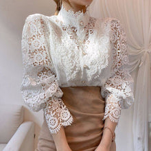 Load image into Gallery viewer, French Loose Chic Button Heavy Lace Cutout Flower Panel Long Sleeve Stand Collar Shirt