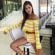 Load image into Gallery viewer, Knitted striped shorts set women&#39;s new long sleeve short top crop crop navel sexy two-piece set