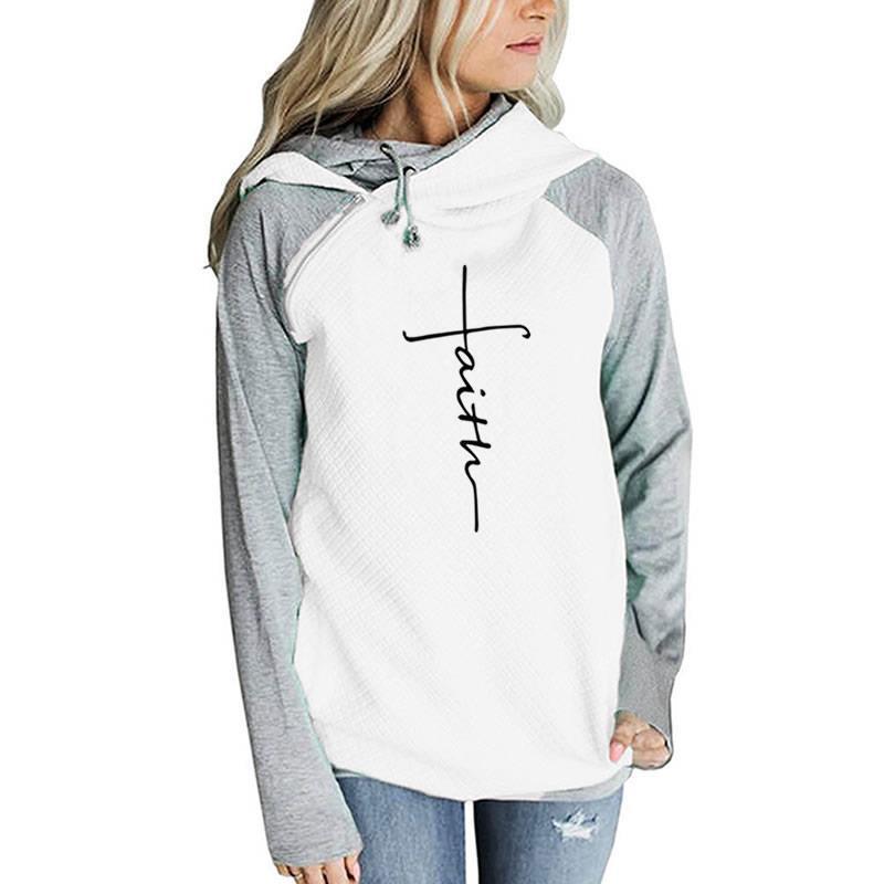 Zipper long sleeve contrast color Hooded Fleece women's coat embroidered sweater