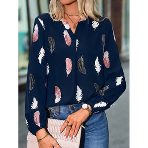 Women's V-neck feather print long sleeves loose T-shirt blouse