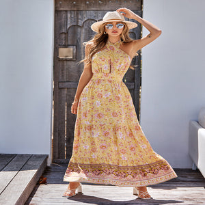 Bohemian print casual halterneck maxi dress
