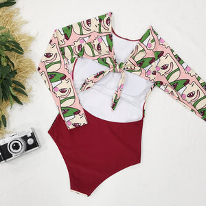 Long Sleeve Abstract Printed One-piece Swimsuit Women's Surfing Suit Swimwear Sports Sexy Surfing Wetsuit