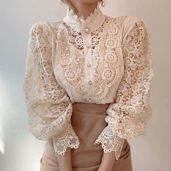 French Loose Chic Button Heavy Lace Cutout Flower Panel Long Sleeve Stand Collar Shirt