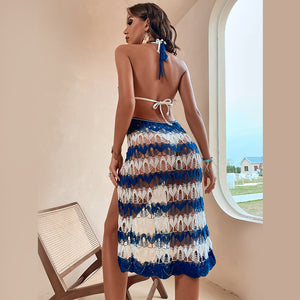 Beach skirt new style women's knitted openwork color-block halterneck bikini blouse split skirt woman
