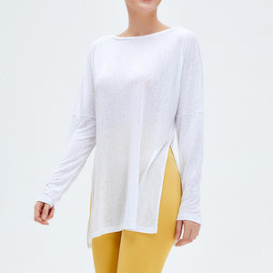 Sports blouse women's long-sleeved loose fitness top quick-drying double-sided slits to cover the meat and thin yoga clothes