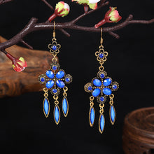 Load image into Gallery viewer, New vintage ethnic accessories diamond-shaped hole blue cutout long fringed earrings with women&#39;s diamond-set alloy earrings