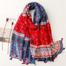 Load image into Gallery viewer, Ethnic Style Soft Cotton Hemp Handle Scarf Red Blue Small Broken Flower Decoration Sunscreen Shawl Silk Scarf Woman