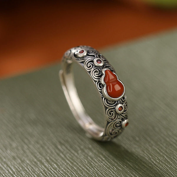 Natural Red Agate Gourd Ring Women's S925 Sterling Silver Fulu Openwork Retro Design Ring