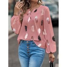 Load image into Gallery viewer, Women&#39;s V-neck feather print long sleeves loose T-shirt blouse