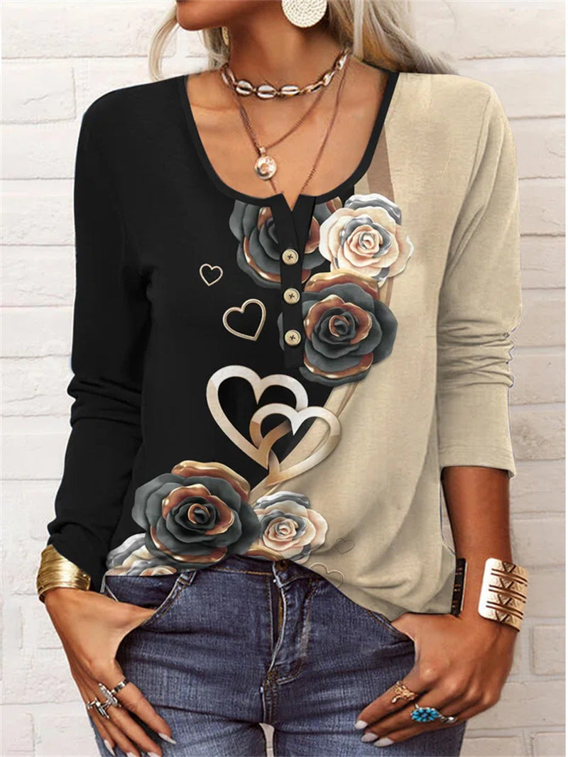 Autumn and winter loose long-sleeved geometric floral U-neck button T-shirt women