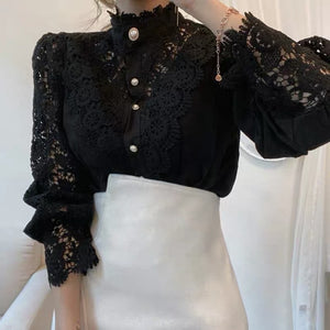 French Loose Chic Button Heavy Lace Cutout Flower Panel Long Sleeve Stand Collar Shirt