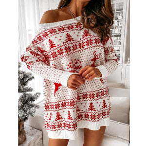 Knitted sweater women Christmas jacquard loose knit long sleeves