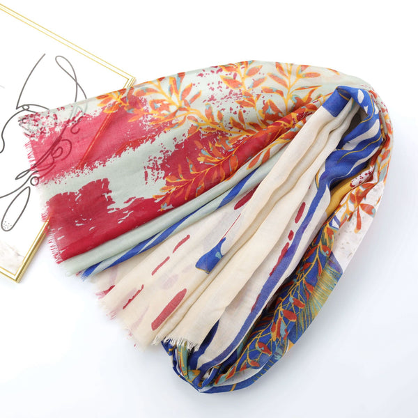 Printed silk scarf, fringed spring and summer scarf, shawl