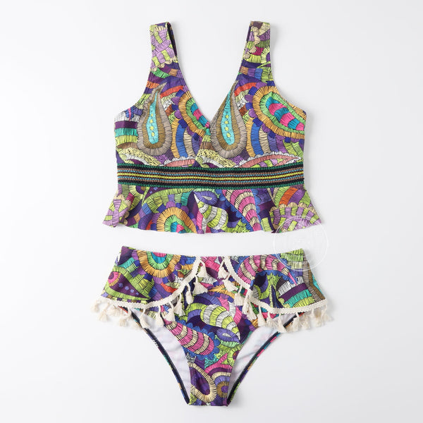 Ethnic pattern conservative bikini plush tassels classic fashion multicolor swimsuit women