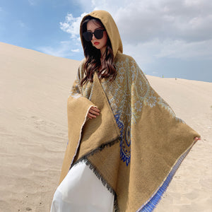 Autumn and winter hooded shawl, national style dual-purpose warm scarf