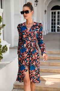 Printed nipped-in waist V-neck split long sleeve dress