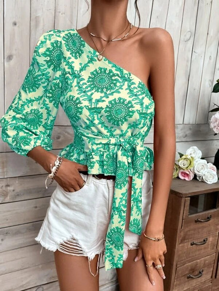 Mandala Print One Shoulder Balloon Sleeve Ruffle Hem Tie Shirt Tie Top