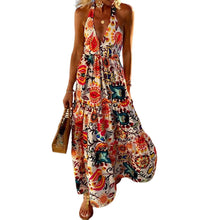 Load image into Gallery viewer, Stylish deep V halterneck sleeveless print resort beach dress