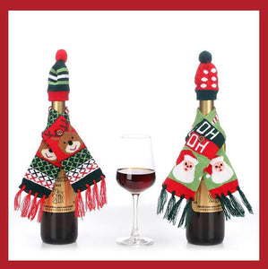 Christmas Knitted Scarf Hat Christmas Wine Bottle Set