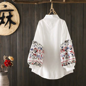 National style heavy industry embroidered white shirt