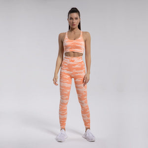 Seamless knitted camouflage yoga wear women's sports bra beauty back sweat-absorbent running pants suit