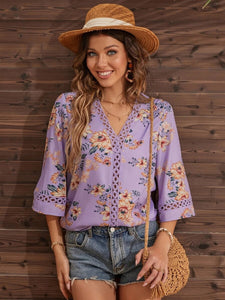 V-Neck Print Panel Lace Flare Sleeve Top Blouse