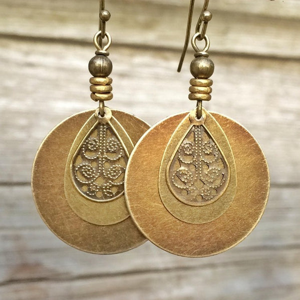 Bohemian vintage ethnic style cotton and linen women's assembly jewelry new old bronze circle carved earrings