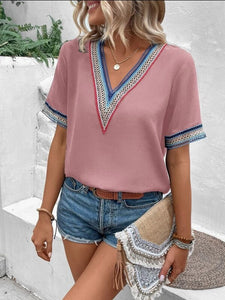 Women's V-neck lace casual solid color shirt