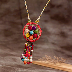 Semi-Precious Stone Long Necklace Thai Wax Rope Woven Floral Pendant Sweater Chain