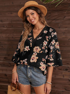 V-Neck Print Panel Lace Flare Sleeve Top Blouse