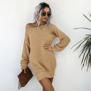 Autumn/winter casual off-the-shoulder lantern sleeve knitted sweater dress