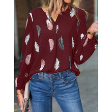 Load image into Gallery viewer, Women&#39;s V-neck feather print long sleeves loose T-shirt blouse