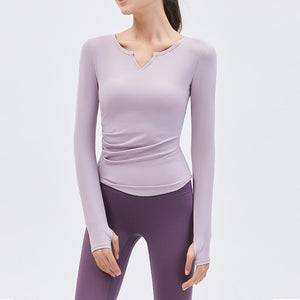 Yoga suit long sleeve T-shirt running top V-neck nude fitness top female